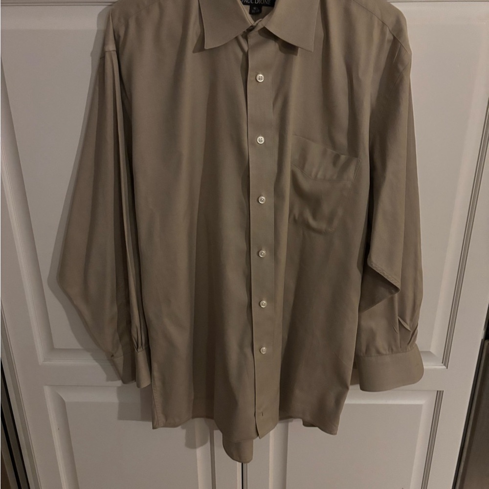 PAUL DIONE Tan Khaki 100's 2 Ply Long Sleeve Button Up Shirt Mens 16 1/2. 32/33
